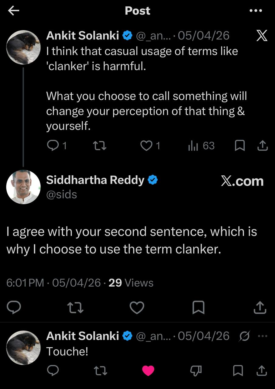 A screenshot of Sid's X reply about using the term clanker